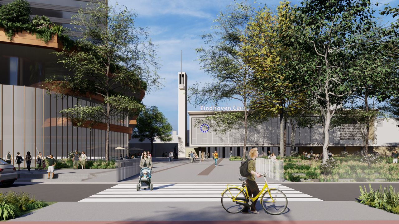 Stationsplein vanaf 2026: bomen, een rivier en een enorme fietsenkelder