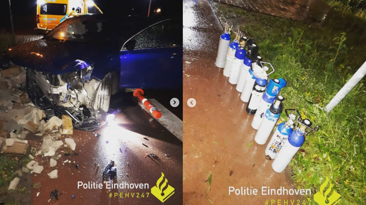 Nuenenaar vliegt uit de bocht met twaalf cilinders lachgas in de auto .